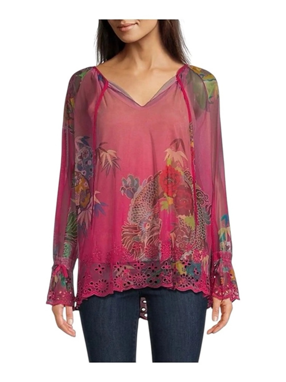Johnny Was Biya Mazzy Sheer Floral Mesh Tunic Blouse Large NWOT - Picture 2 of 5